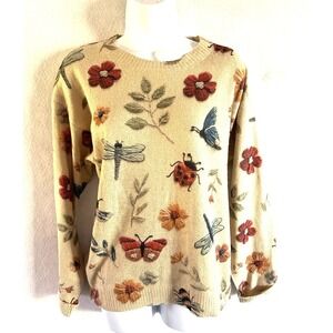 Grandmacore Floral Colorful Insects Sweater L Cottagecore Bloomcore Goblincore